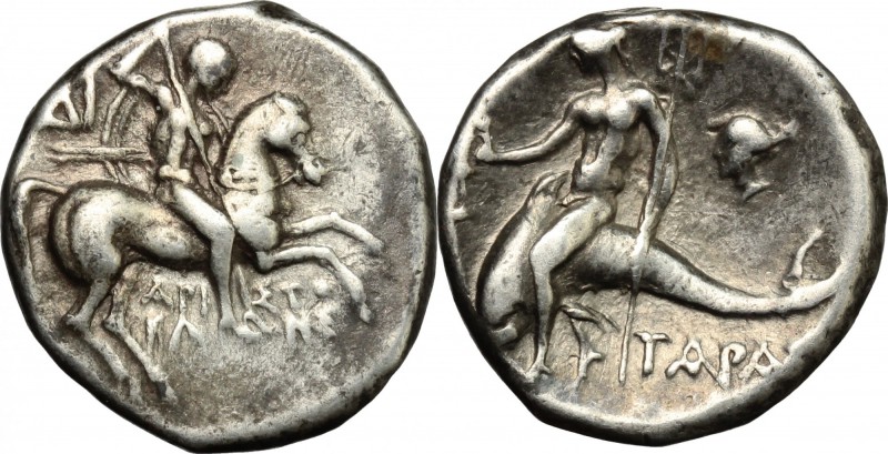 Greek Italy. Southern Apulia, Tarentum. AR Drachm, 272-240 BC. D/ Horseman right...