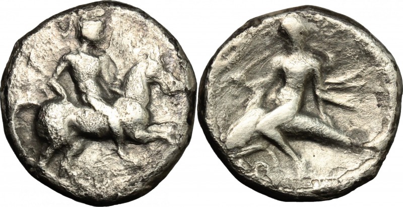 Greek Italy. Southern Apulia, Tarentum. AR Nomos, 272-240 BC. D/ Horseman right....