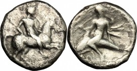 Greek Italy. Southern Apulia, Tarentum. AR Nomos, 272-240 BC. D/ Horseman right. R/ Phalantos riding on dolphin left. HN Italy 1035. Vlasto 887. AR. g...