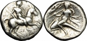 Greek Italy. Southern Apulia, Tarentum. AR Nomos, 272-240 BC. D/ Horseman right. R/ Phalantos riding on dolphin left. HN Italy 1035. Vlasto 887. AR. g...