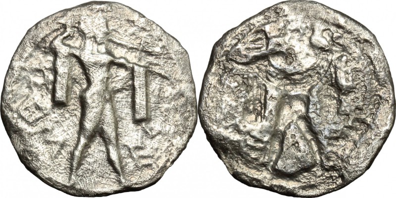 Greek Italy. Lucania, Poseidonia-Paestum. AR Drachm, 530-500 BC. D/ Poseidon adv...