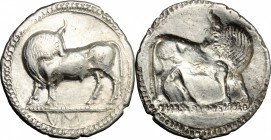 Greek Italy. Southern Lucania, Sybaris. AR Stater, 550-510 BC. D/ Bull standing left, head turned back; in exergue, VM. R/ Incuse bull standing right,...