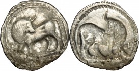Greek Italy. Southern Lucania, Sybaris. AR Drachm, 550-510 BC. D/ Bull standing left, head turned back. R/ Incuse bull standing right, head turned bac...