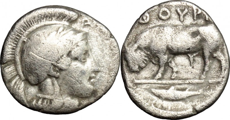 Greek Italy. Southern Lucania, Thurium. AR Triobol, c. 443-400 BC. D/ Head of At...