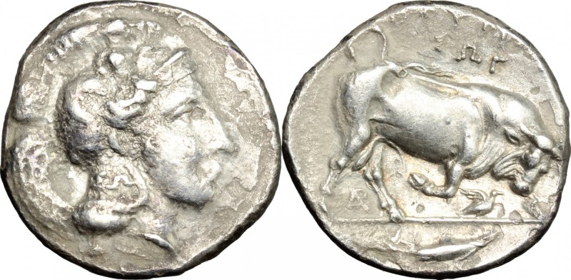 Greek Italy. Southern Lucania, Thurium. AR Stater, 350-300 BC. D/ Head of Athena...