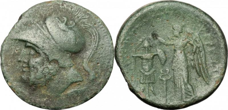 Greek Italy. Bruttium, The Brettii. AE Double, 214-211 BC. D/ Head of Ares left,...