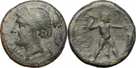 Greek Italy. Bruttium, The Brettii. AE Half Unit, circa 214-211 BC. Fourth Coinage. D/ Head of Nike left, diademed; to right, ear of grain. R/ Zeus st...
