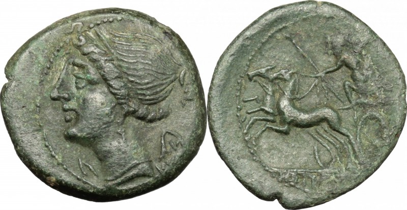 Greek Italy. Bruttium, The Brettii. AE Half, 211-208 BC. D/ Bust of Nike left, d...