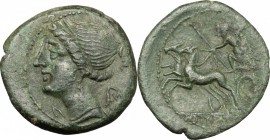 Greek Italy. Bruttium, The Brettii. AE Half, 211-208 BC. D/ Bust of Nike left, diademed. R/ Zeus in biga left, holding scepter and hurling thunderbolt...