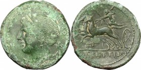 Greek Italy. Bruttium, The Brettii. AE Half, 211-208 BC. D/ Bust of Nike left, diademed. R/ Zeus in biga left, holding scepter and hurling thunderbolt...