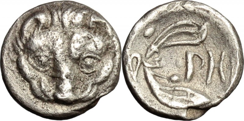 Greek Italy. Bruttium, Rhegion. AR Litra, 415-387 BC. D/ Lion mask facing. R/ PH...
