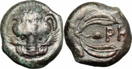 Greek Italy. Bruttium, Rhegion. AE 17 mm, c. 425-410 BC. D/ Lion mask facing. R/ PH between two leaves of olive-spring. HN Italy 2520. SNG Cop. 1939. ...