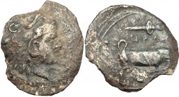Sicily. Cephaloedium. AR Litra, 396-380 BC. D/ Head of Heracles right, wearing lion's skin. R/ Bull right; above, racing torch. De Luymes 915. AR. g. ...