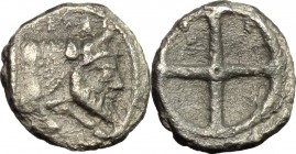Sicily. Gela. AR Obol, before 405 BC. D/ Forepart of man-headed bull right. R/ Wheel with four spokes. SNG Cop. 259. AR. g. 0.59 mm. 9.00 Toned. VF.