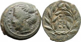 Sicily. Himera. AE Hemilitron, before 407 BC. D/ Head of nymph left; before, six pellets (mark of value). R/ Six pellets (mark of value) within wreath...