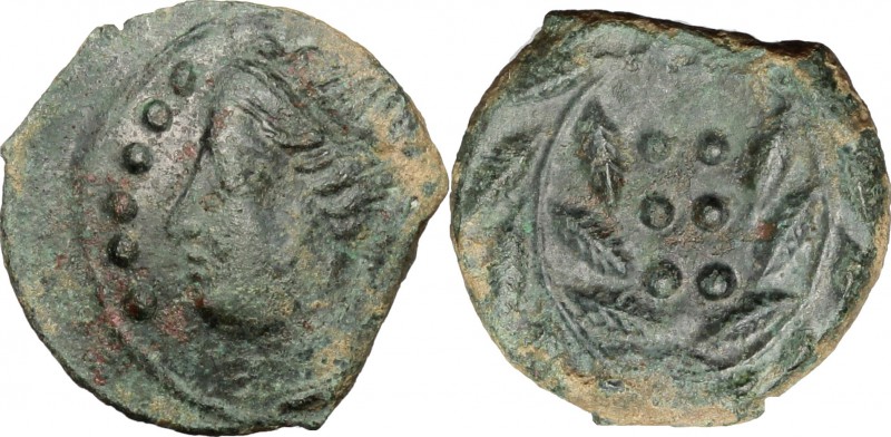 Sicily. Himera. AE Hemilitron, before 407 BC. D/ Head of nymph left; before, six...