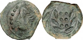 Sicily. Himera. AE Hemilitron, before 407 BC. D/ Head of nymph left; before, six pellets (mark of value). R/ Six pellets (mark of value) within wreath...