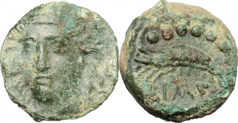 Sicily. Himera. AE 10mm, before 407 BC. D/ Head of nymph facing slightly left. R...