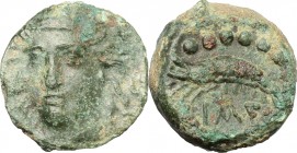 Sicily. Himera. AE 10mm, before 407 BC. D/ Head of nymph facing slightly left. R/ Crayfish left. CNS I, 36. AE. g. 1.75 mm. 12.00 Green patina. About ...