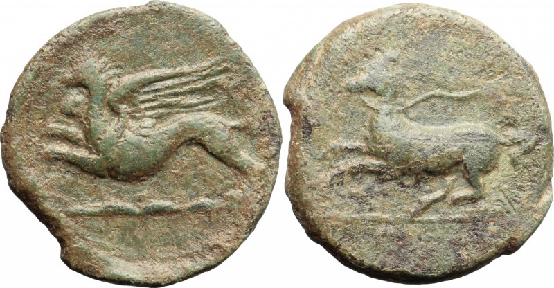 Sicily. Kainon. AE, 22 mm, ca. 365 BC. D/ Griffin springing left; below, exergua...