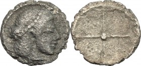 Sicily. Syracuse. AR Hemiobol, 485-478 BC. D/ Head of Artemis-Arethusa right. R/ Wheel with four spokes. SNG Cop. 627. BMC 56. AR. g. 0.42 mm. 9.00 To...