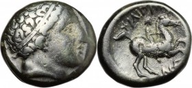 Continental Greece. Kings of Macedon. Philip II (359-336 BC). AE 16mm, 359-336 BC. D/ Head of Apollo right, wearing taenia. R/ Horseman galloping righ...