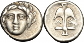 Continental Greece. Thrace, Apollonia Pontika. AR Diobol, after 400 BC. D/ Head of Apollonia facing. R/ Anchor with A and crayfish. SNG Cop. 459-461. ...