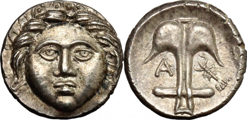 Continental Greece. Thrace, Apollonia Pontika. AR Diobol, after 400 BC. D/ Head ...