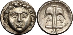 Continental Greece. Thrace, Apollonia Pontika. AR Diobol, after 400 BC. D/ Head of Apollonia facing. R/ Anchor with A and crayfish. SNG Cop. 459-461. ...