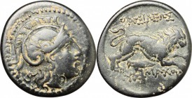 Continental Greece. Kings of Thrace. Lysimachos (305-281 BC). AE Unit, 305-281 BC. D/ Head of Athena right, helmeted. R/ Lion running right; below, sp...