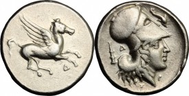 Continental Greece. Illyria, Dyrrhachium. AR Stater, after 350 BC. D/ Pegasus flying right; below Δ. R/ Head of Athena right, wearing Corinthian helme...