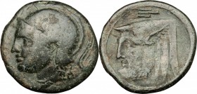 Continental Greece. Akarnania, Federal Coinage. AE 20mm, 300-167 BC. D/ Head of Athena left, helmeted. R/ Head of man-headed bull (Acheloos) left; abo...