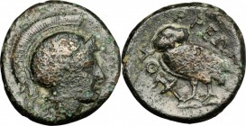 Continental Greece. Akarnania, Thyrreium. AE 19mm, 300-250 BC. D/ Head of Athena right, helmeted. R/ Owl standing left, head facing; before, torch. SN...