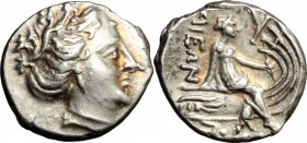 Continental Greece. Euboia, Histiaia. AR Tetrobol, 3rd century-146 BC. D/ Head of Maenad right, wearing ivy-wreath. R/ Nymph Histiaea seated on vessel...