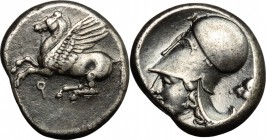 Continental Greece. Corinthia, Corinth. AR Stater, 4th century BC. D/ Pegasus flying left; below, koppa. R/ Head of Athena left, wearing Corinthian he...