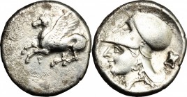 Continental Greece. Corinthia, Corinth. AR Stater, 345-307 BC. D/ Pegasus flying left; below, koppa. R/ Head of Athena left, wearing Corinthian helmet...