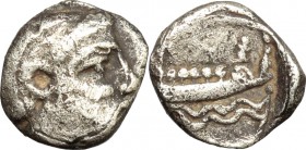 Greek Asia. Phoenicia, Arados. AR Obol, 380-350 BC. D/ Bearded head right, laureate. R/ Galley. SNG Cop. 19. AR. g. 0.66 mm. 9.00 About VF/Good F.