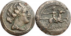 Anomalous Semilibral series. AE Semuncia, 217-215 BC. D/ Female bust right, turreted. R/ Horseman right. Cr. 39/5. AE. g. 5.99 mm. 19.00 About VF/Good...