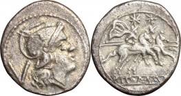Anonymous. AR Quinarius, 211 BC. D/ Head of Roma right, helmeted. R/ Dioscuri galloping right. Cr. 44/6. AR. g. 2.08 mm. 16.00 Toned. About VF.