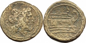 Sextantal series. AE Semis, after 211 BC. D/ Laureate head of Saturn right; behind, S. R/ Prow right; above, S; below, ROMA. Cr. 56/3. AE. g. 15.68 mm...