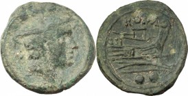Sextantal series. AE Sextans, after 211 BC. D/ Head of Mercury right; above, two pellets. R/ ROMA. Prow right; below, two pellets. Cr. 56/6. AE. g. 6....