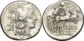 Spurius Afranius. AR Denarius, 150 BC. D/ Head of Roma right, helmeted. R/ Victory in biga right, holding reins and whip. Cr. 206/1. AR. g. 3.59 mm. 1...