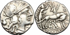 Sex. Pompeius. AR Denarius, 137 BC. D/ Head of Roma right, helmeted; behind, jug. R/ She-wolf standing right; sucking twins; behind, tree with birds; ...
