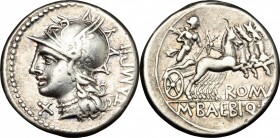 M. Baebius Q. f. Tampilus. AR Denarius, 137 BC. D/ Head of Roma left, helmeted. R/ Apollo in quadriga right. Cr. 236/1. AR. g. 3.88 mm. 19.00 About VF...