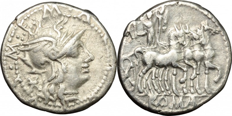 M. Acilius M.f. AR Denarius, 130 BC. D/ Head of Roma right, helmeted. R/ Hercule...