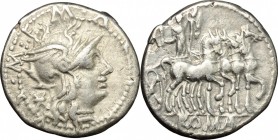 M. Acilius M.f. AR Denarius, 130 BC. D/ Head of Roma right, helmeted. R/ Hercules in quadriga right, holding club and trophy. Cr. 255/1. AR. g. 3.88 m...