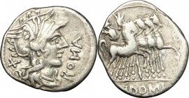Cn. Domitius Ahenobarbus. AR Denarius, 116-115 BC. D/ Head of Roma right, helmeted. R/ Jupiter in quadriga right; holding thunderbolt and branch. Cr. ...