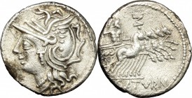 Lucius Appuleius Saturninus. AR Denarius, 104 BC. D/ Head of Roma left, helmeted. R/ Saturn in quadriga right. Cr. 317/3. B.1. AR. g. 3.57 mm. 18.00 G...