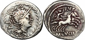 M. Lucilius Rufus. AR Denarius, 101 BC. D/ Head of Roma right, helmeted, within laurel-wreath. R/ Victory in biga right. Cr. 324/1. B. 1. AR. g. 3.78 ...