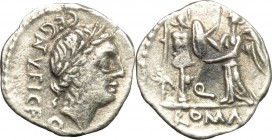 C. Egnatuleius C.f. AR Quinarius, 97 BC. D/ Head of Apollo right, laureate. R/ Victory standing left, inscribing a shield on a trophy. Cr. 333/1. AR. ...